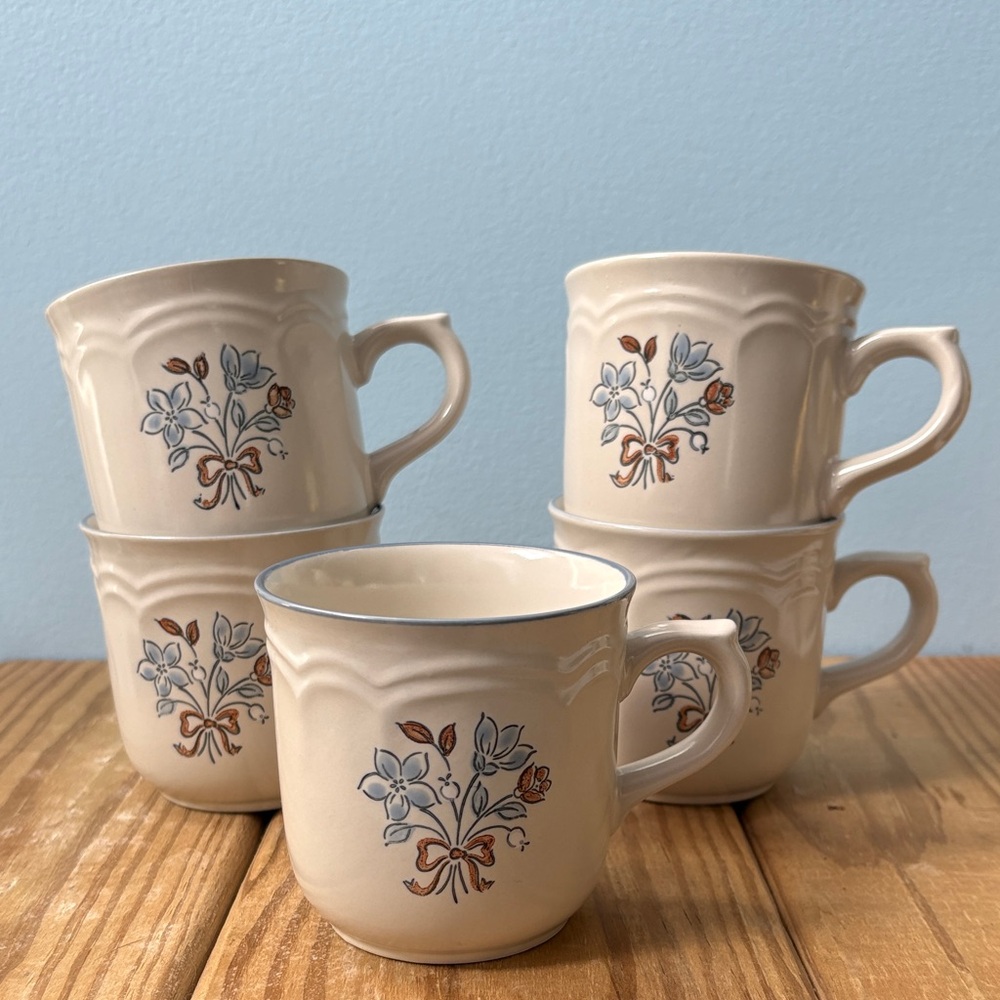 Vintage Cordella Stoneware Bluet Pattern Floral Mugs Set of 5 Made in Japan 10oz